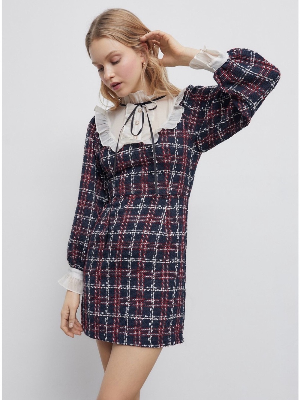 Sister Jane Navy & Burgundy Plaid Ruffle-Neck Mini Dress